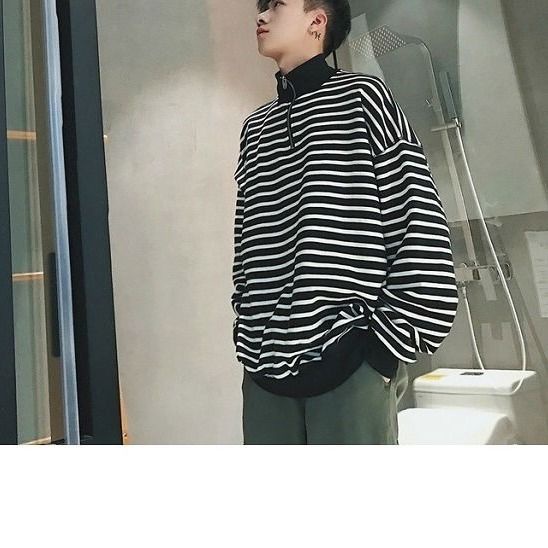 Áo Thun Sweater Dáng Rộng Tay Dài Kẻ Sọc Phối Khóa Kéo Kiểu Hàn Quốc Thời Trang Mùa Thu 2022 Cho Nam