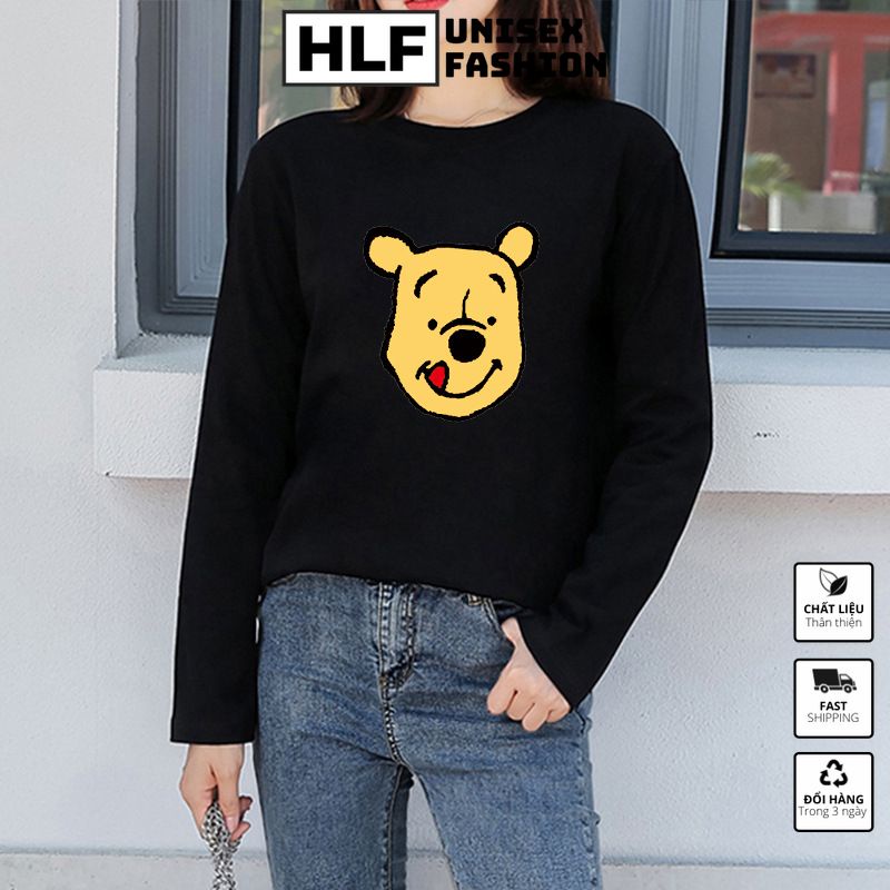 Áo thun dài tay form xuông rộng gấu vàng, áo thu đông nữ HLFashion