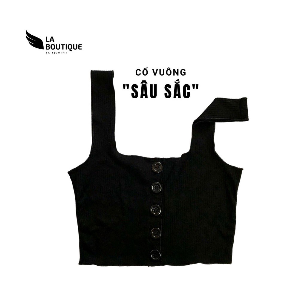 Áo croptop nữ 2 dây bản to La Boutique đính nút cổ vuông màu đen freesize thun gân dáng ôm body LA09