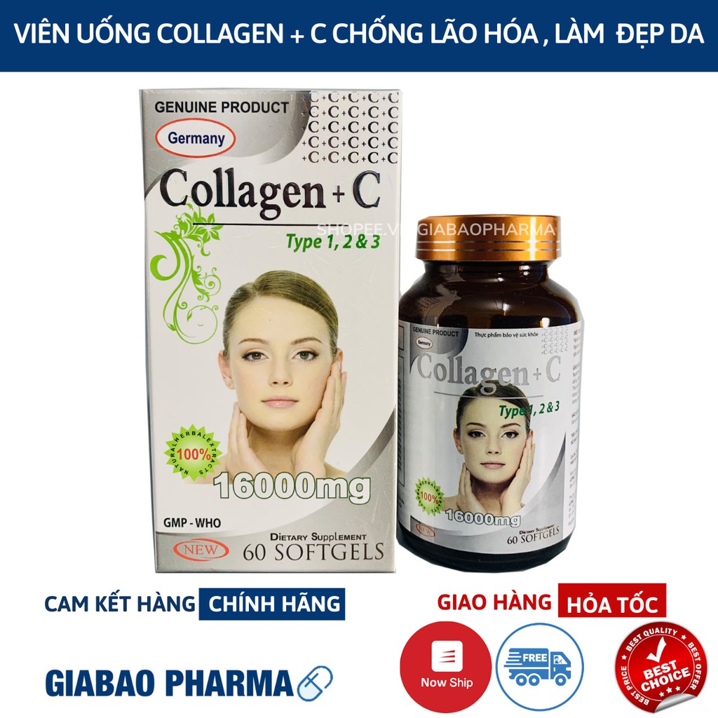Viên uống COLLAGEN +C bổ sung collagen, vitamin e giúp chống lão hóa, cải thiện nếp nhăn - Hộp 60 viên dùng 30 ngày