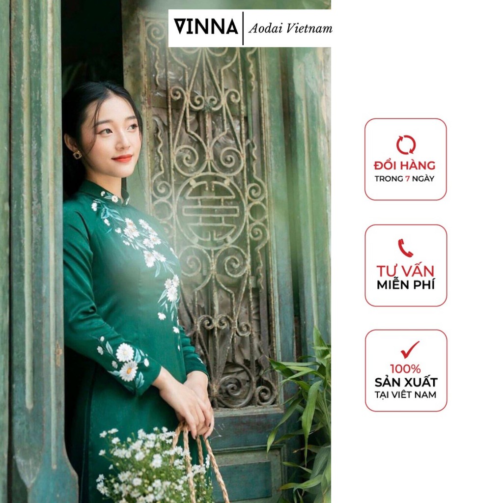Áo dài truyền thống lụa thêu hoa cúc cao cấp màu xanh rêu mềm mại áo dài mùa thu chụp ảnh giáo viên đi lễ VINNA
