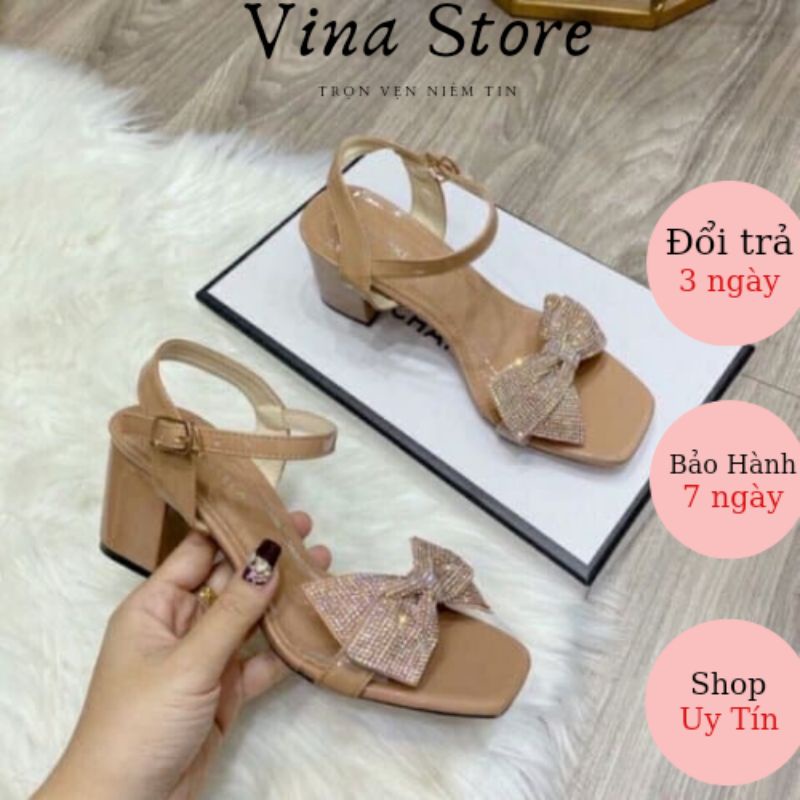 Giày sandal cao gót nữ 5P đế vuông quai phối nơ đá cao cấp hottrend 2020- mã T5