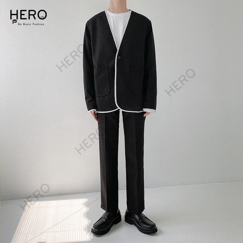 COMBO Set Blazer Nam Form Rộng Phối Viền Trắng  Quần Âu Mrhero Ống Suông Phong Cách Công Sở, Thanh Lịch Set03 M.RO