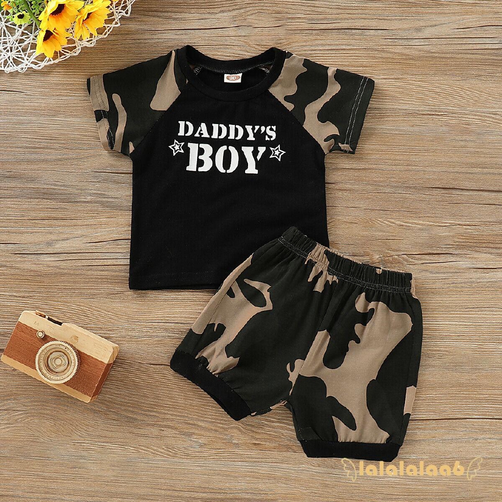 Set áo quần thun ngắn in chữ Daddy's Boy họa tiết rằn ri cá tính cho bé trai