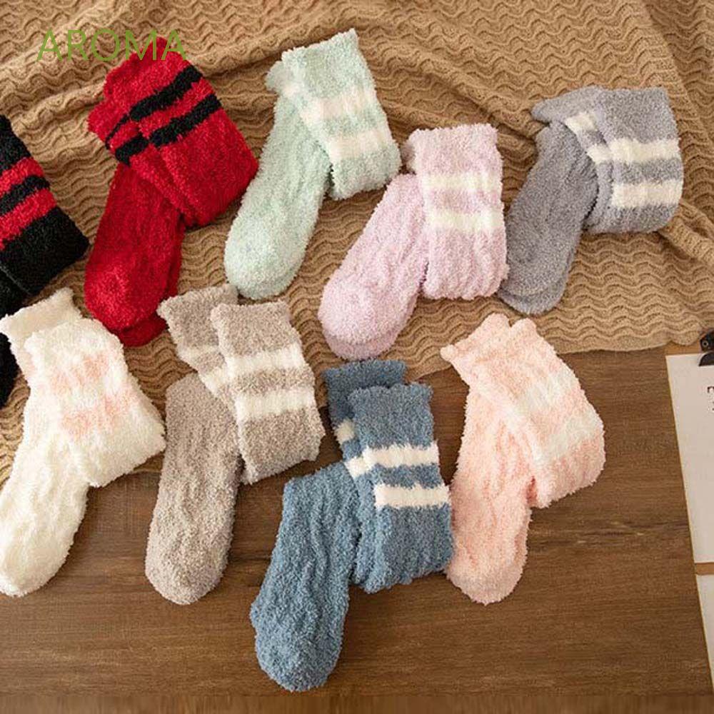 Đôi vớ dài đến bắp chân bằng vải lông cừu san hô co giãn họa tiết kẻ sọc màu sắc ngọt ngào đơn giản phong cách Nhật Bản cho nữ