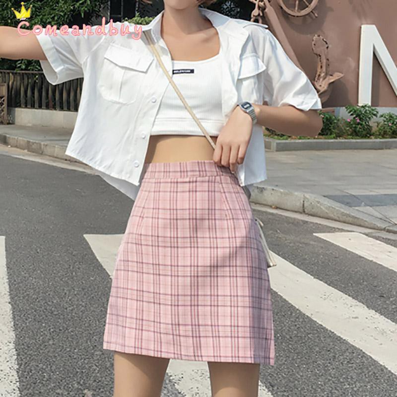 Chân váy lưng cao hoạ tiết sọc ca-rô phong cách vintage