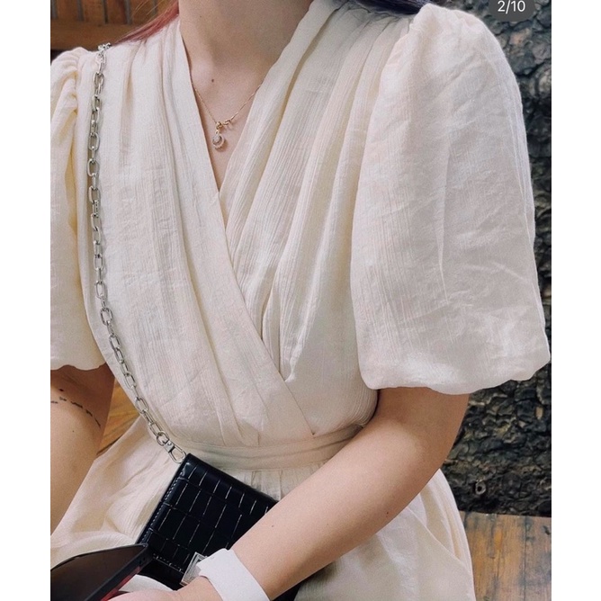 Váy đầm cổ v vạt chéo tay bồng dáng dài kèm dây buộc eo