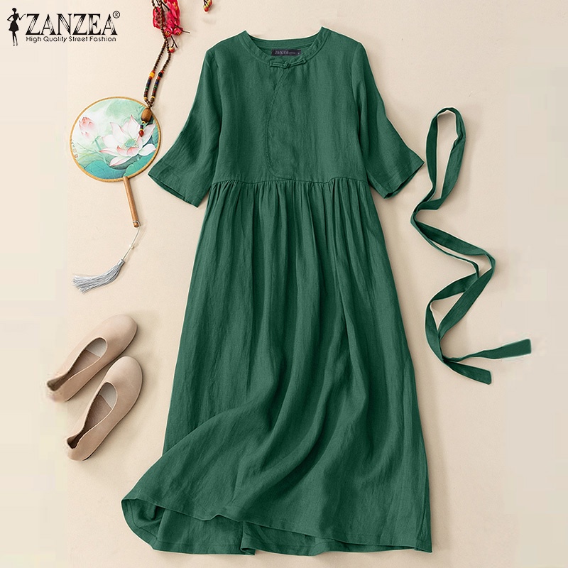 Đầm ZANZEA tay lửng cổ tròn màu trơn phong cách đơn giản thời trang cho nữ