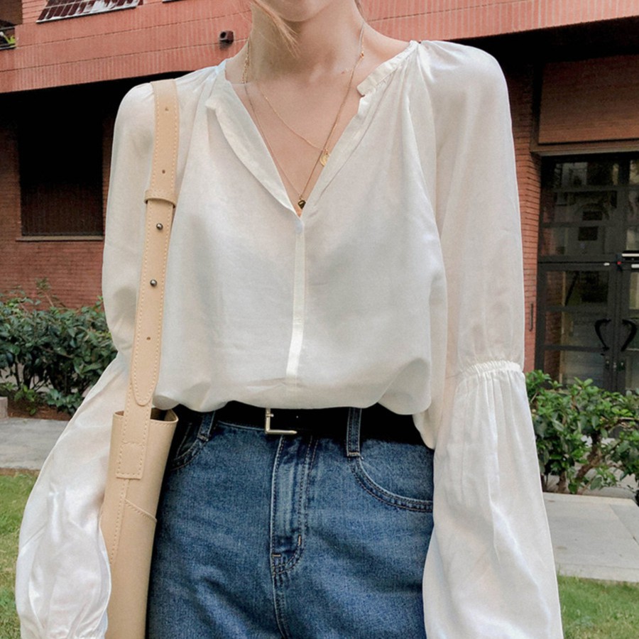 Áo sơ mi Peppermint 37124 tay dài cổ tròn màu trơn thời trang cho nữ