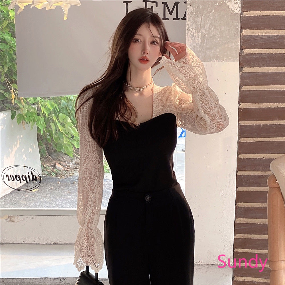 Đầm dệt kim tay dài phối ren thời trang thanh lịch cho nữ