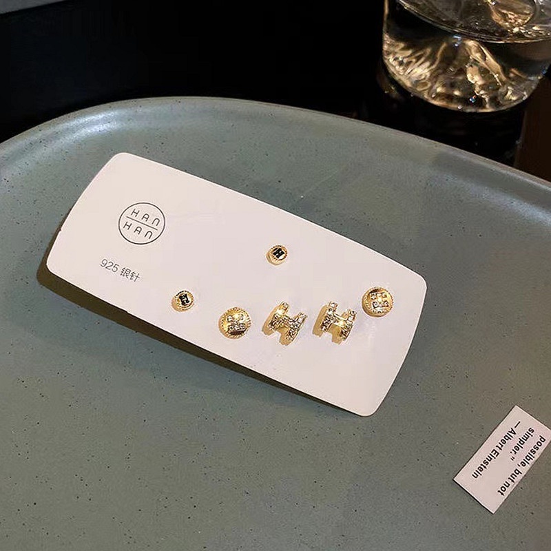 Set 3 đôi khuyên tai hình chữ H đính đá zircon thời trang thanh lịch