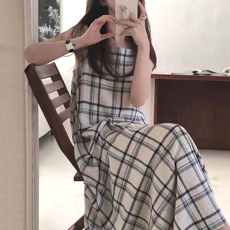 (ORDER) Váy hai dây cổ vuông họa tiết kẻ sọc suông xòe dài đơn giản nhẹ nhàng vintage Hàn Quốc (hàng order hot)