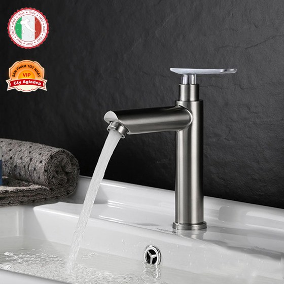 Vòi Lavabo (chỉ lạnh - trụ tròn) SUS304 - Hàng Cao cấp ITALIA (Kèm dây cấp nước)