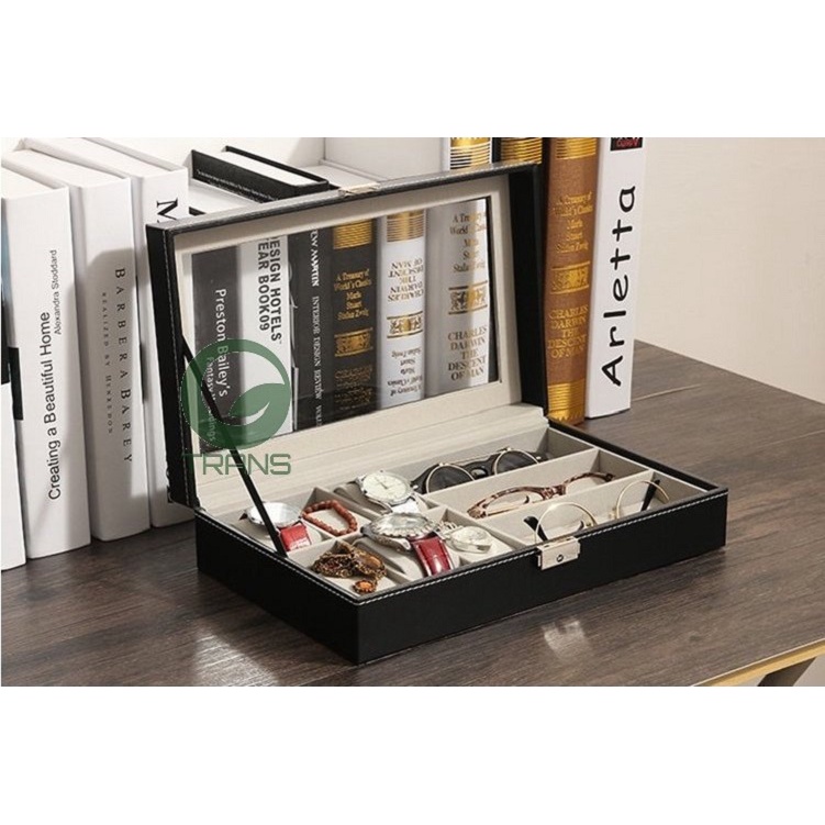 Hộp đựng 6 chiếc đồng hồ đeo tay và 3 chiếc kính mắt bằng da cao cấp có khóa chắc chắn, chống bụi bẩn, trầy xước