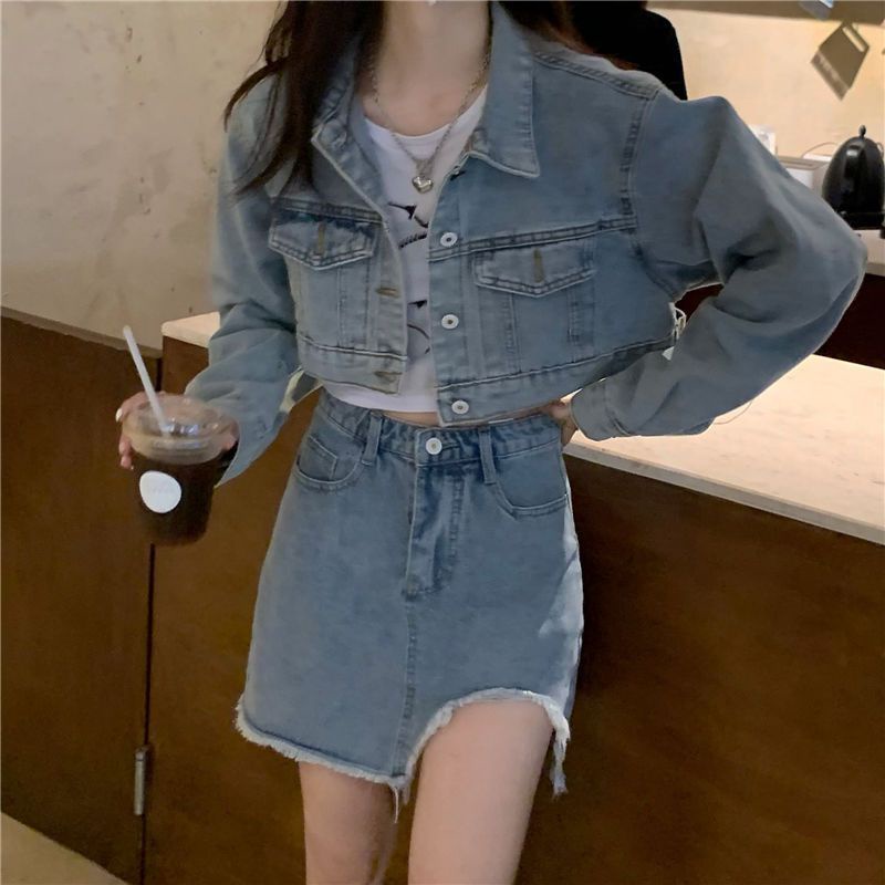 Set Áo Khoác Kèm Chân Váy Jean Xanh Phong Cách Hàn Quốc ❤️