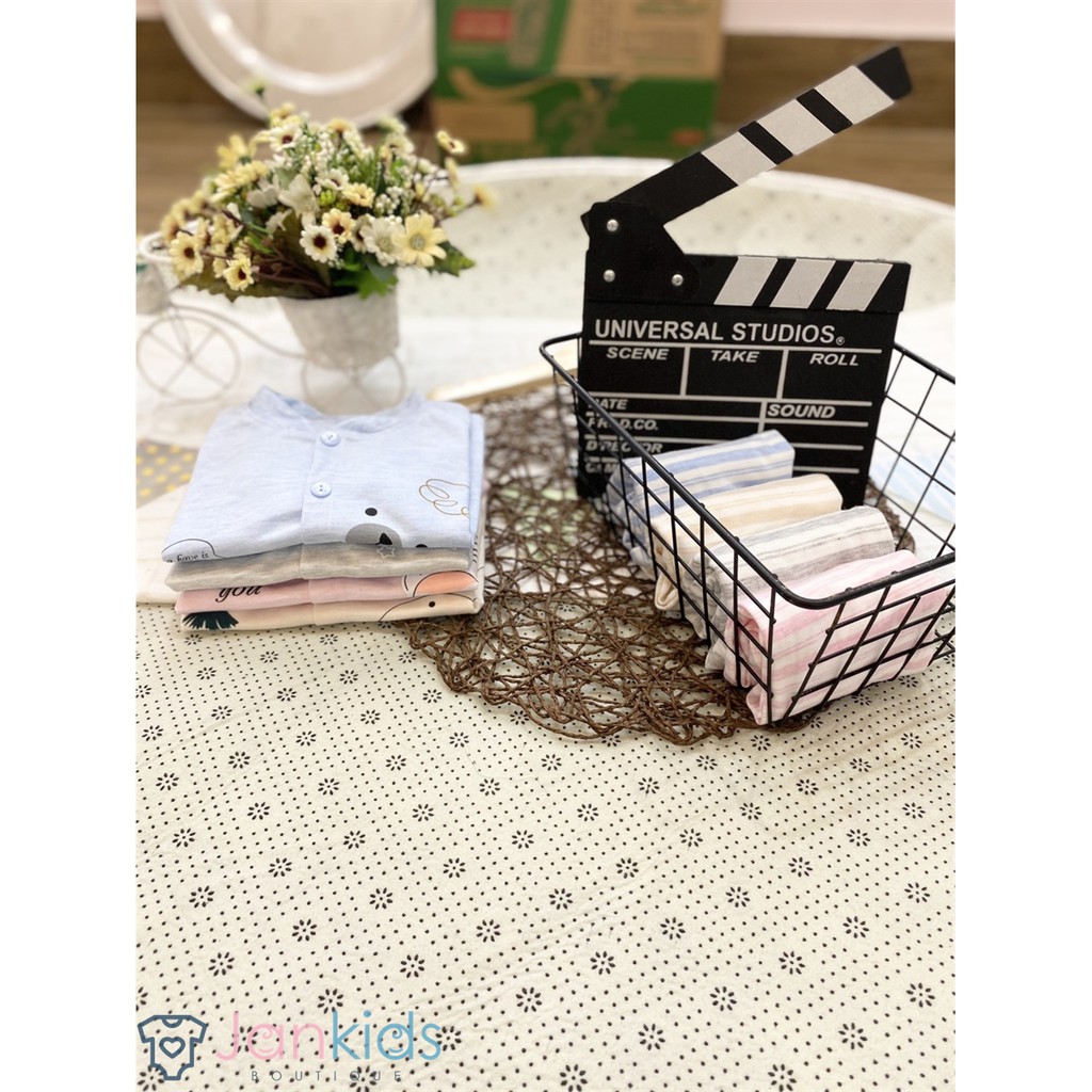 Bộ quần áo dài tay thu đông Unchi hình gấu nỉ cotton sợi tre mềm mịn, giữ ấm cho bé