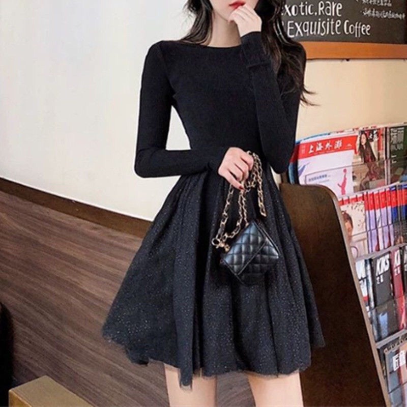 Váy len ôm dáng xòe dài tay/ đầm cổ tròn voan đuôi dáng ngắn xinh xắn V00143