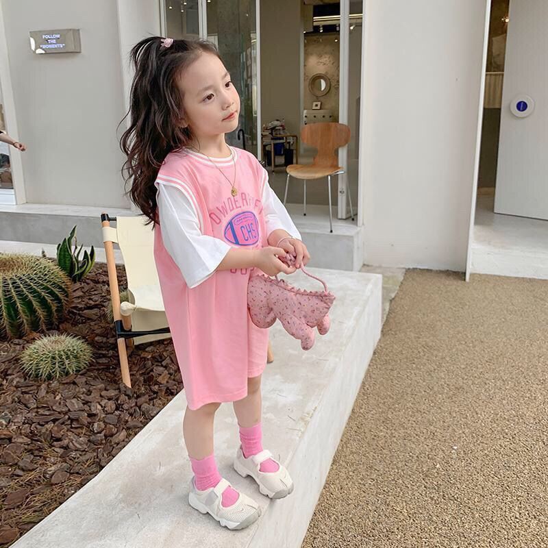 [Hàng Có Sẵn Bán Chạy] Đầm Không Tay Giả Hai Mảnh Màu Sắc Tương Phản Phong Cách Phương Tây Hàn Quốc Mùa Hè Cho Bé Gái