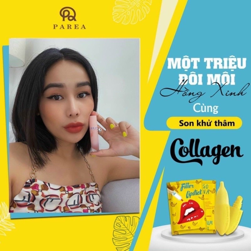 𝗖𝗼́ 𝗦𝗔̆̃𝗡 Son Filler Collagen Chuối Khử Thâm Parea cùng son màu Chu Lipstick, giúp môi căng mọng hồng hào