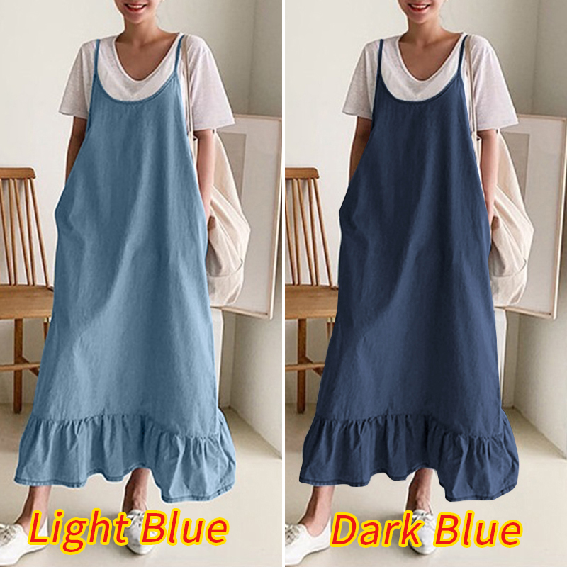 Váy maxi ZANZEA denim màu xanh lam thiết kế không tay có túi hai bên viền váy xếp ly cho nữ