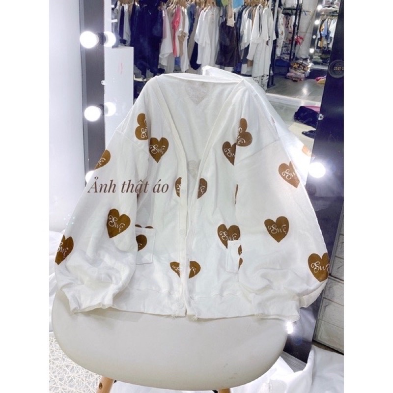 Áo Khoác Nỉ Bông Cardigan Hình Trái Tim Nâu Siêu Hot, Áo Lót Bông Nữ Unisex Form Rộng Freesize Dưới 70kg