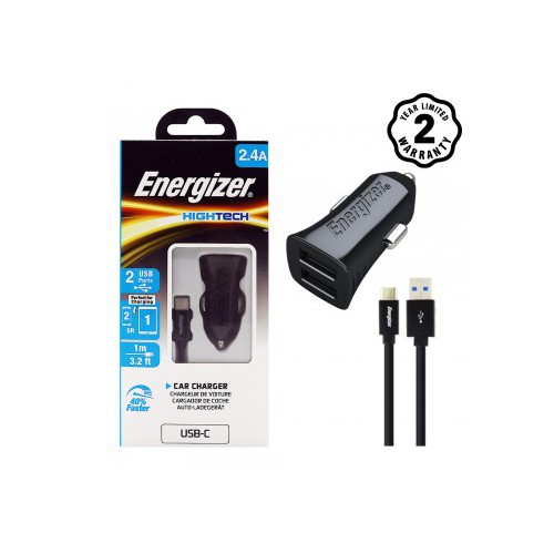 Sạc Ô tô Energizer 2 cổng USB 2.4A kèm cáp USB-C2.0 cho xe hơi - DCA2BHC23