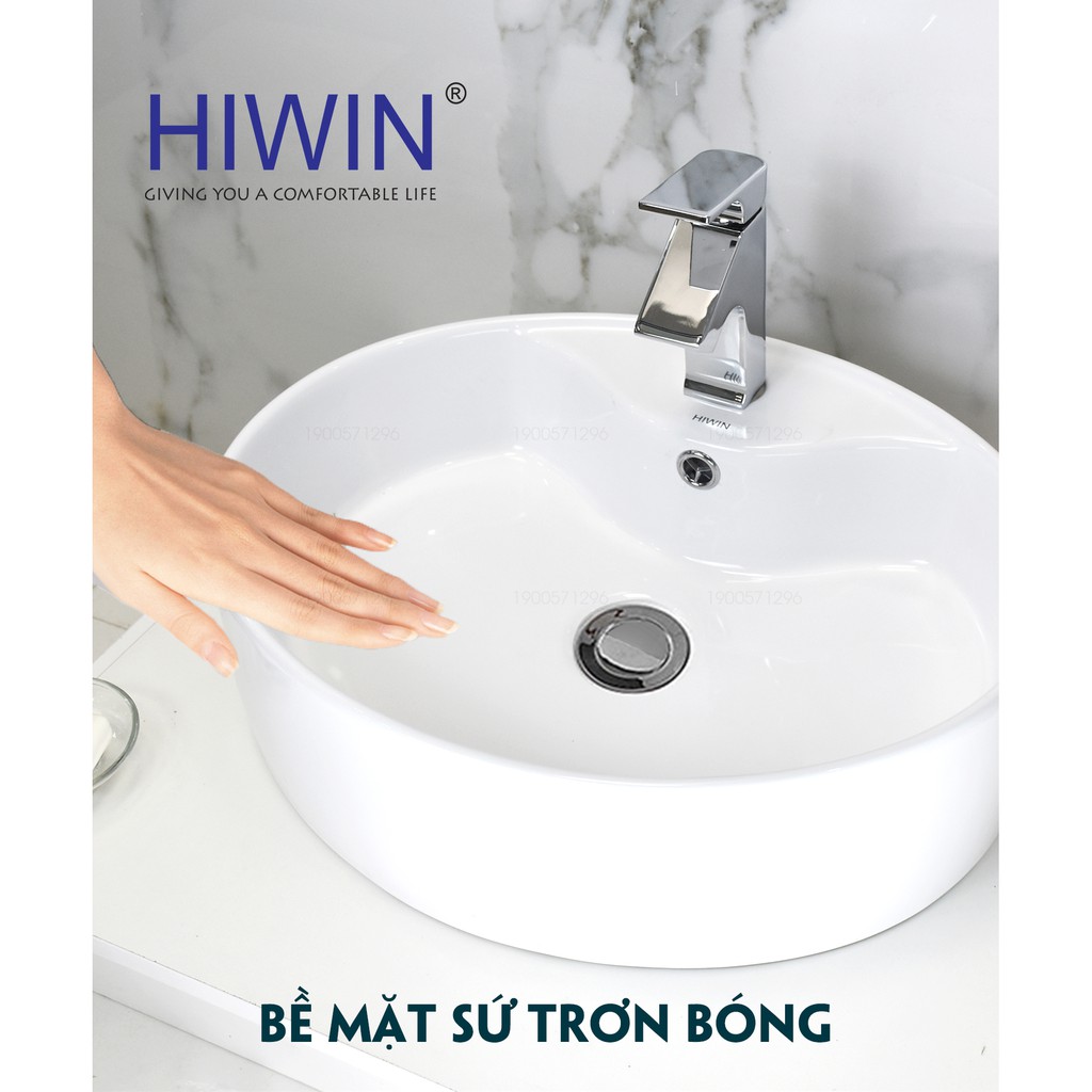 Chậu rửa mặt lavabo tròn trắng sứ cao cấp kích thước 510*425*150mm Hiwin LP-8085