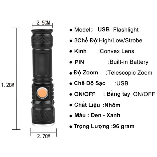 Đèn Pin LED Mini Zoom Cổng Sạc USB