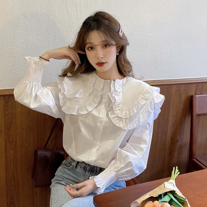 Áo Sơ Mi Trắng Kiểu nữ Công Sở CHIPY Dài Tay Bồng Bo Chun From Rộng Cổ Bèo Tầng Tiểu Thư Hàn Quốc UIzzang Vintage | BigBuy360 - bigbuy360.vn