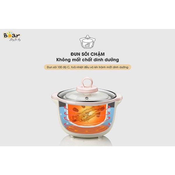 NỒI NẤU CHÁO CHẬM BẢN QUỐC TẾ - 1 ĐỔI 1  0.8L CHÍNH HÃNG BEAR BH 18 THÁNG CHẾ BIẾN ĐỒ ĂN DẶM CHO BÉ