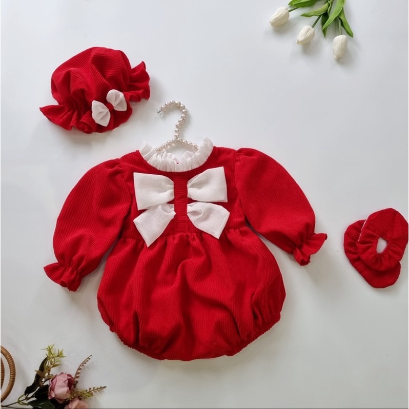 Bodysuit Nhung Tăm Đỏ Phối Nơ Cho Bé Gái 0-12 Tháng Kèm Mũ Và Tất Chân, Váy Sơ Sinh, Váy Đầy Tháng Bé Gái, Đầm Thôi Nôi
