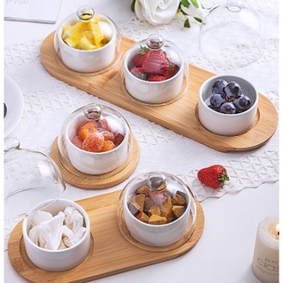 Bộ hũ đựng mứt bằng sứ kèm khay tre hũ đựng hoa quả đẹp decor trang trí