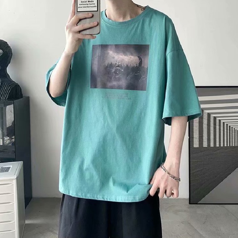 Áo thun tay ngắn dáng rộng in họa tiết thời trang phong cách Hàn Quốc cho nam size M-5XL