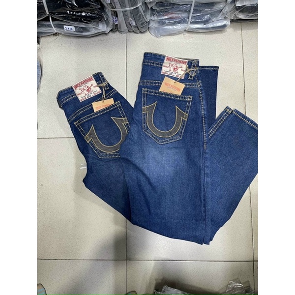QUẦN JEANS NAM DÀI CHỈ NỔI ÔNG ĐỊA MÀU XANH ĐẬM VÀ NHẠT CHỈ VÀNG