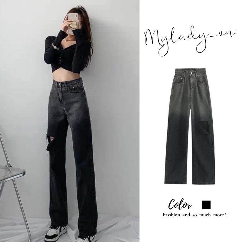 Quần jean nữ 🌸 Quần bò nữ ống rộng loang màu đen xám với thiết kế rách đùi cá tính MYLADY