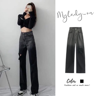 Quần jean nữ 🌸 Quần bò nữ ống rộng loang màu đen xám với thiết kế rách đùi cá tính MYLADY