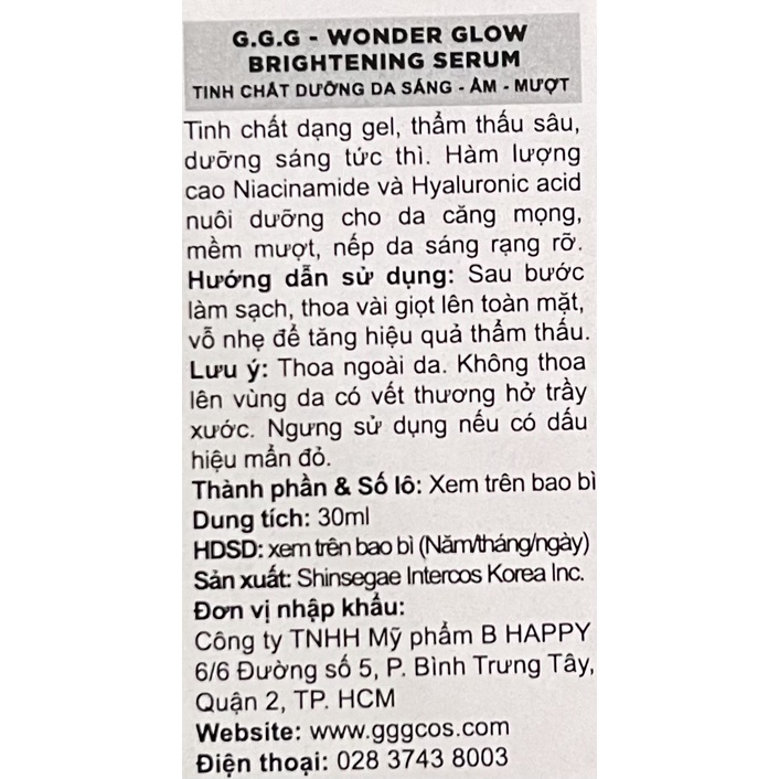 Serum GGG Wonder Glow Britening Dưỡng Sáng Cấp Nước 30ml