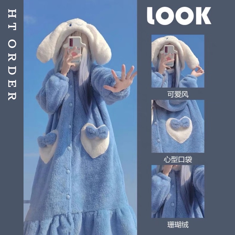 (Sẵn V)ORDER_ Váy ngủ bông xanh Stitch túi tim đính nơ mũ 2 lớp dày dặn phong cách đáng yêu phù hơp mùa đông