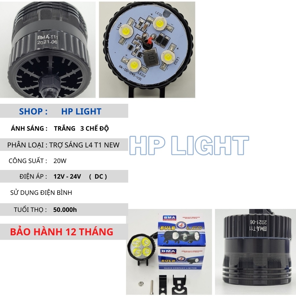 Trợ Sáng L4 Ngắn T1 New 3 Chế Độ Chính Hãng BMA Siêu Sáng Led Trợ Sáng Xe Máy HPLIGHT T1