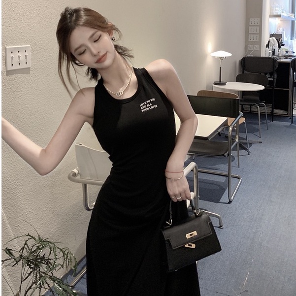 Đầm Hai Dây Cổ Tròn Dáng Ôm In Chữ Thời Trang Mùa Hè Phong Cách Hàn Quốc Cho Nữ
