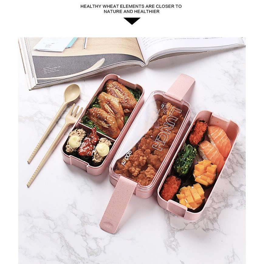 Hộp cơm 3 tầng lúa mạch kèm đũa thìa cao cấp dành cho dân văn phòng