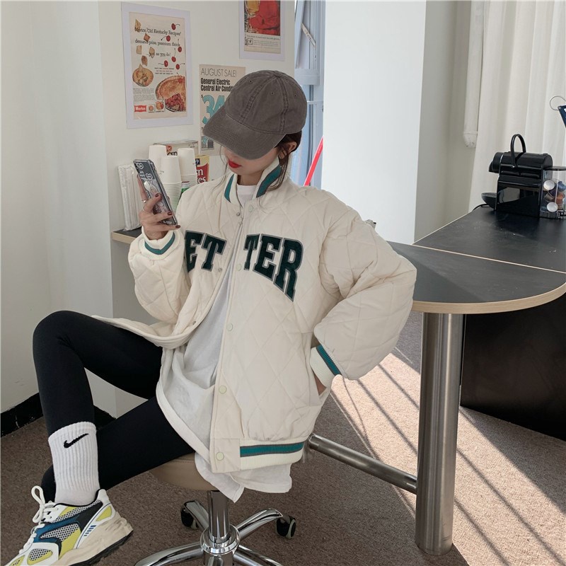 IELGY  Áo Khoác Bóng Chày Bằng cotton Dày Dặn Thêu Chữ Phong Cách Harajuku Dành Cho Nữ