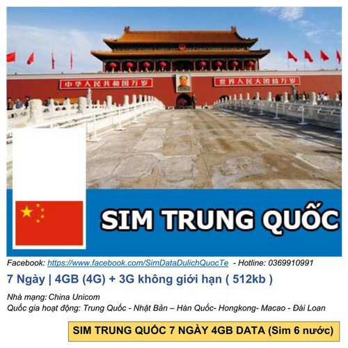 Sim Trung- Nhật Bản- Hàn- Hongkong- Macao- Đài Loan 7 Ngày Có 4G Gb+3G ko giới hạn