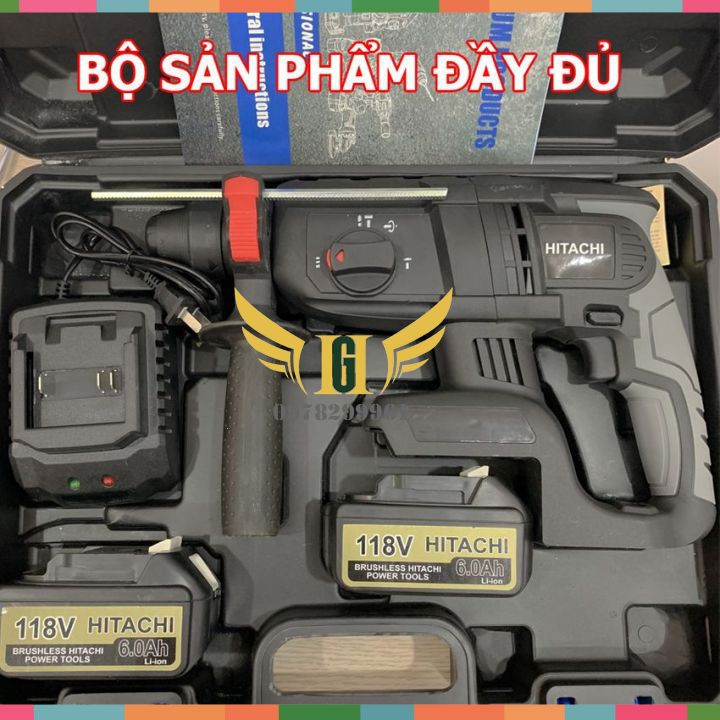 Máy Khoan Đục Bê Tông Hitachi 118V, không chổi than 2 Pin+Tặng Mũi Khoan Đục Như Hình