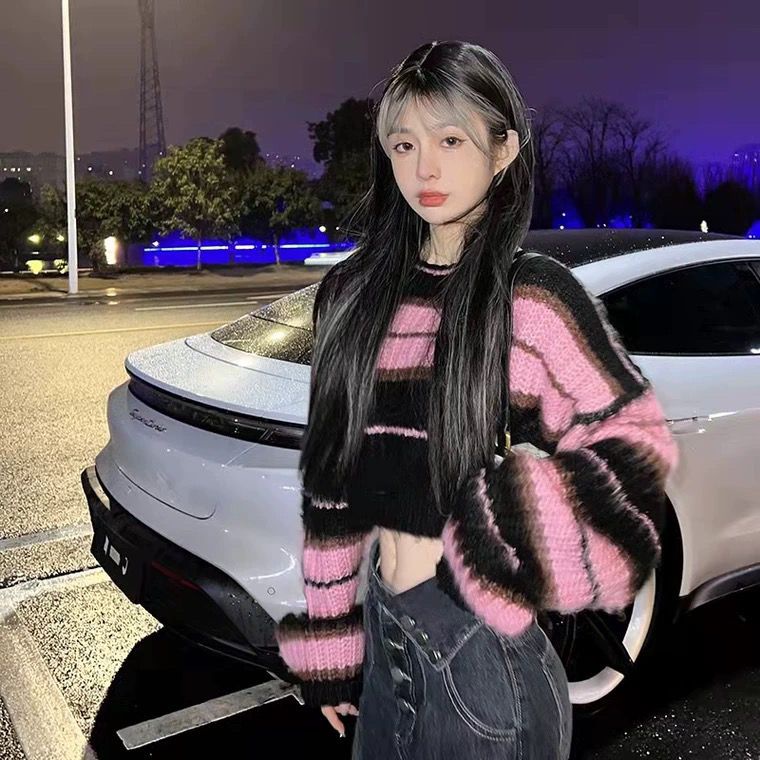Áo Sweater Trễ Vai Kẻ Sọc Màu Hồng Phong Cách Mới Mùa Thu Cho Nữ