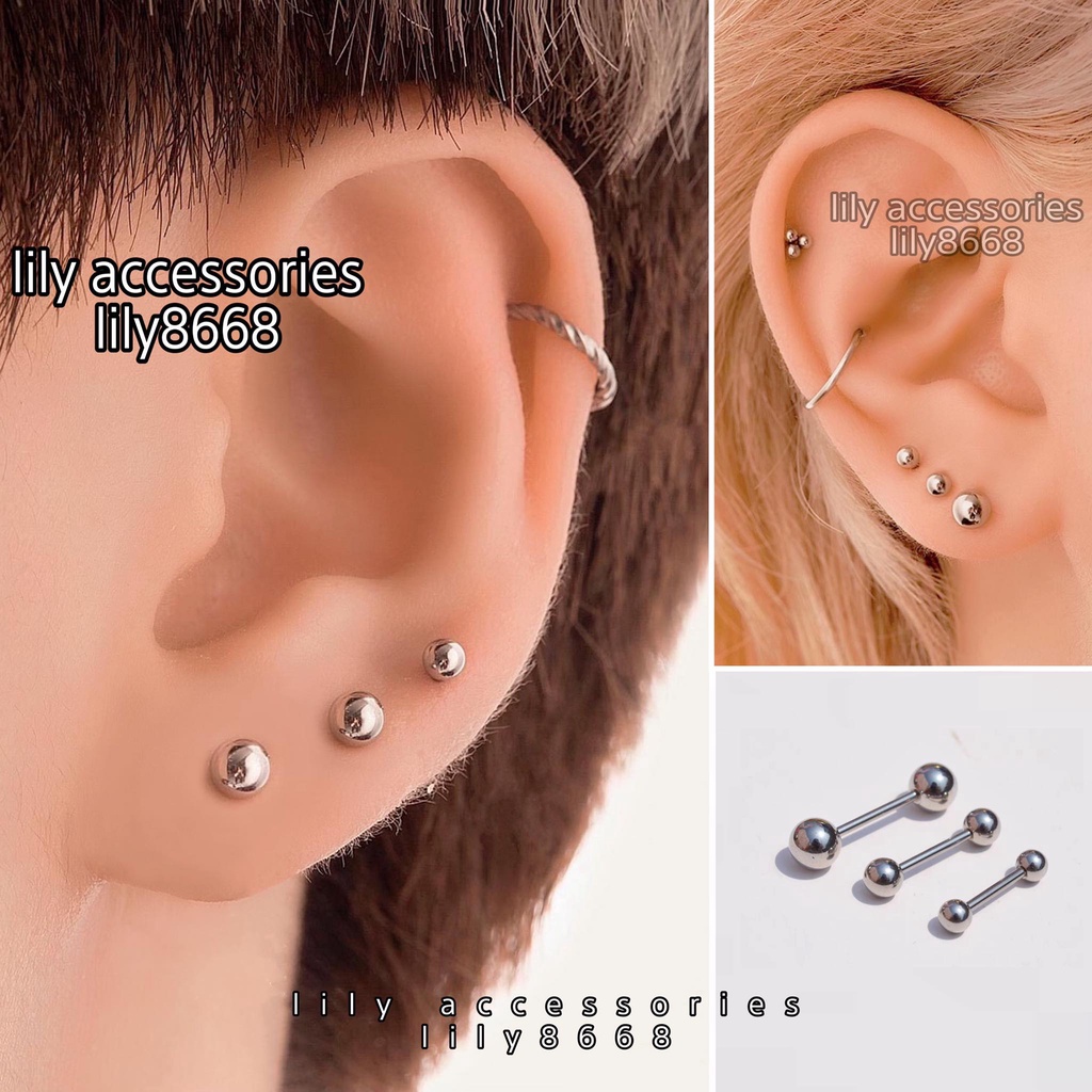 khuyên 2 đầu bi thanh xỏ mỏng cá tính không gỉ