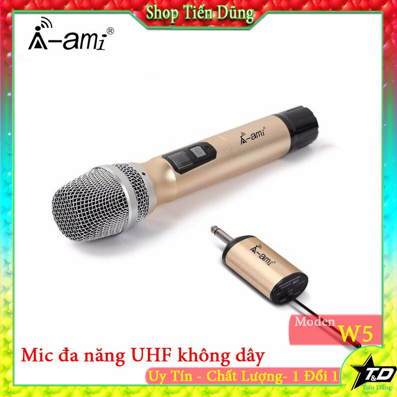 Mic karaoke không dây Ami W5 chất liệu vở kim loại đèn hiển thị sóng dùng cho tất cả các loa và âm li hỗ trợ mic