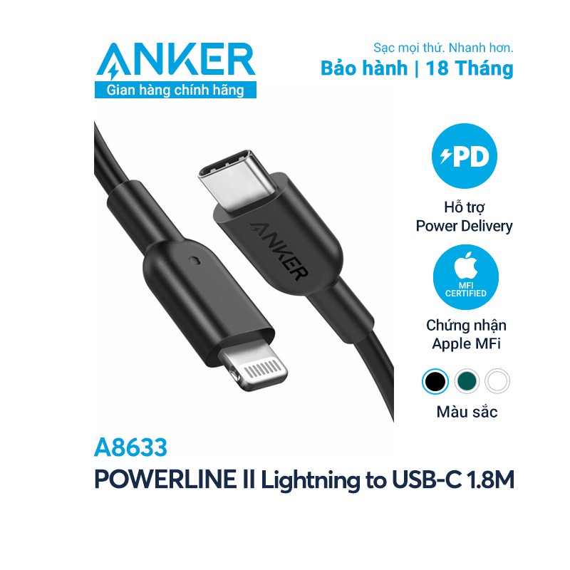 [Mã ELAK60 giảm 5% đơn 150K] Cáp sạc ANKER PowerLine II Lightning to USB-C dài 1.8m - A8633