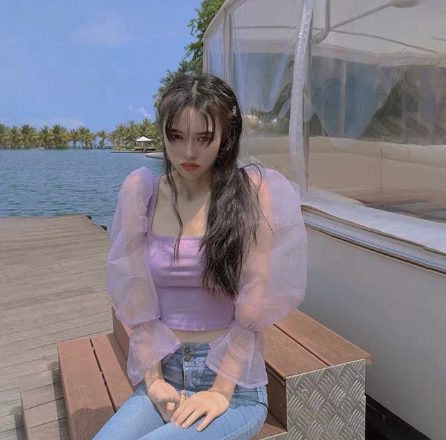 Áo criptop tay phồng đính bướm S