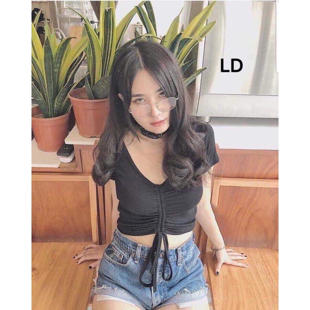 Áo Croptop, Áo Thun Croptop Nữ Dây Rút Ngực Buộc Nơ Cá Tính